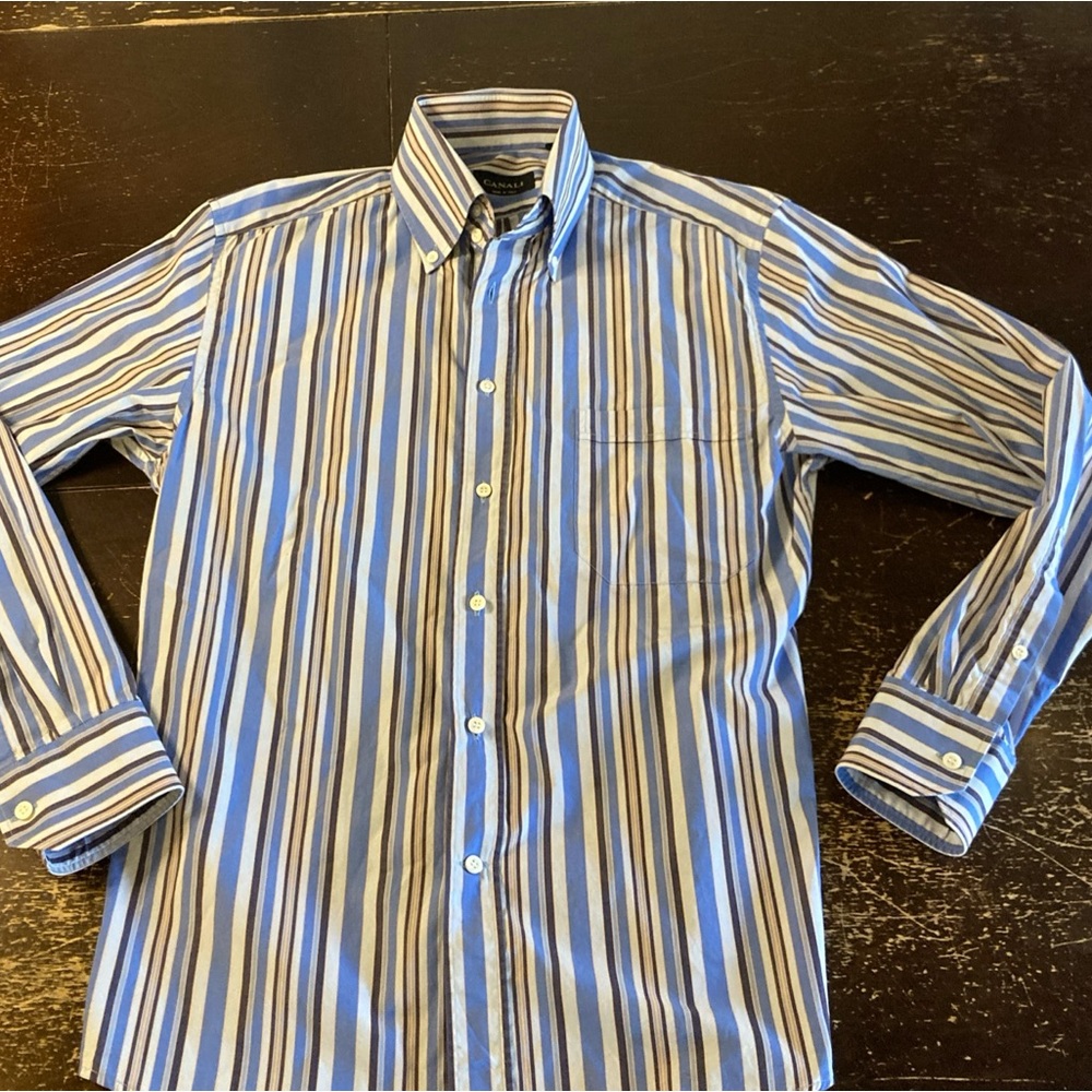Canali Italy Dress Shirt Casual Button Up Pin Striped Mens L Blue  Neck 15.5